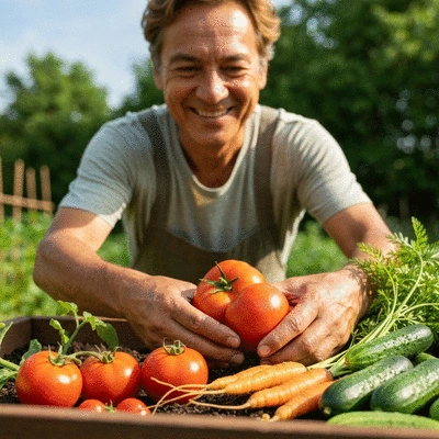 Happy gardener harvesting vegetables from Vego raised bed