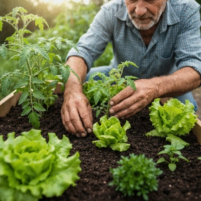 Gardener tending to plants in a raised garden bed, showing healthy soil and thriving vegetables