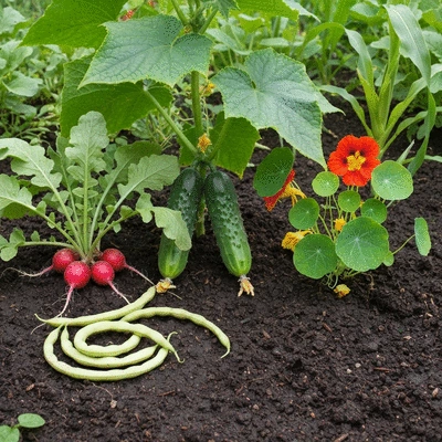 Variety of companion plants like beans, radishes, corn, and nasturtiums arranged aesthetically around a cucumber plant, emphasizing a thriving garden ecosystem, natural lighting, no text, no words, no typography, no labels, clean image, 8K