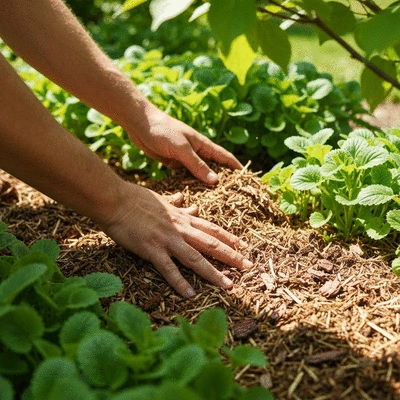 Person applying organic mulch to a garden bed
