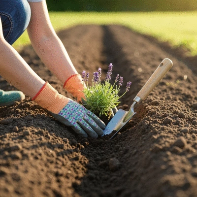 Gardener planting a small English lavender plant into well-drained soil