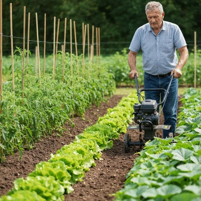 A gardener operating an electric tiller in a well-maintained vegetable garden, with rows of healthy plants in the background.