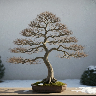 Japanese Maple Bonsai tree in winter with delicate bare branches, hint of snow, no text, no words, no typography, clean image