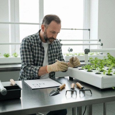 Person evaluating different hydroponic systems, with a checklist and gardening tools, no text, no words, no typography, clean image