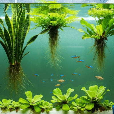 Aquaponic system with lush green plants and fish swimming in clear water, clean image