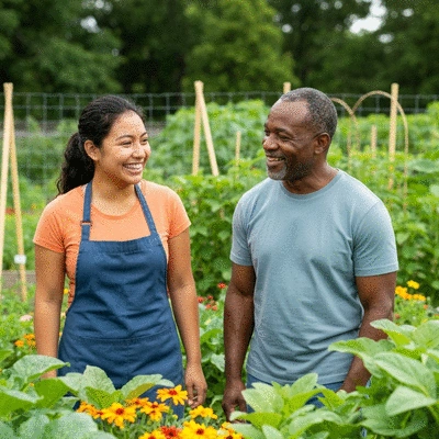 Two gardeners exchanging plant tips in a vibrant community garden