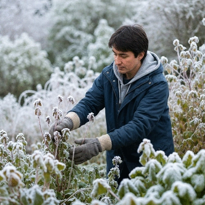 Gardener tending to plants in a cold climate, wearing warm clothing, with frost on some leaves in the background, no text, no words, no typography, 8K, natural lighting