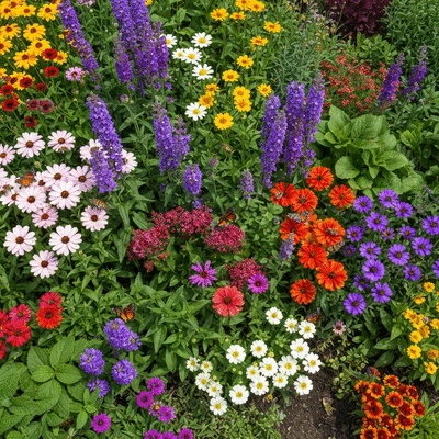 Overhead view of a diverse garden with various colorful flowers and buzzing bees