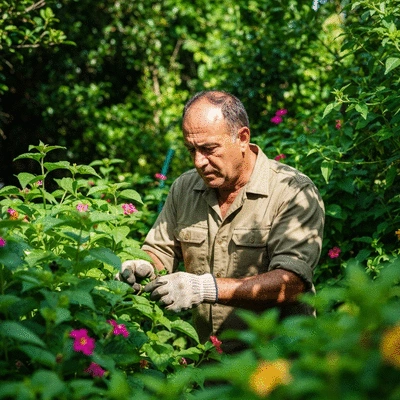 Gardener inspecting plants for pests in a humid climate
