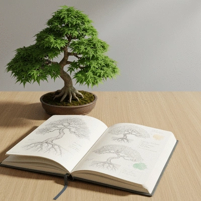 Open gardening journal with notes and sketches of bonsai trees, next to a small potted bonsai