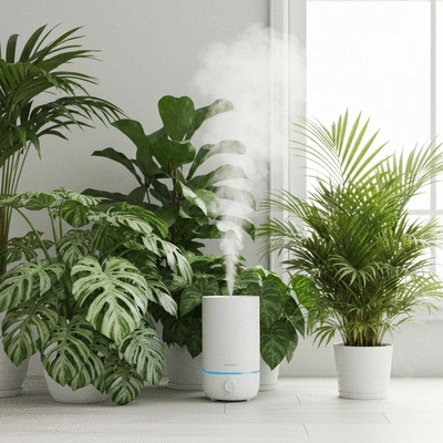 Lush tropical houseplants with a small, modern humidifier gently misting in the background, clean image, no text