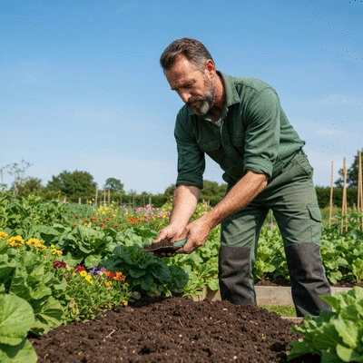 Gardener taking a soil sample from a thriving garden bed