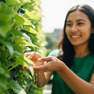 Person happily watering plants in a GreenStalk vertical garden