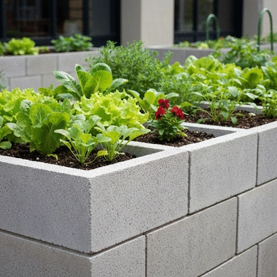 Close-up of a well-maintained concrete block raised garden bed with vibrant green plants and healthy soil, in an urban setting