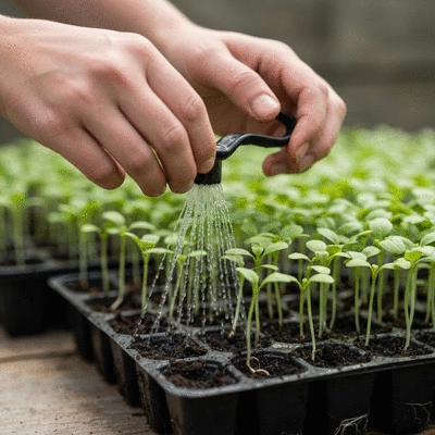 Close-up of a gardener bottom watering seedlings in a tray, showing roots absorbing water, no text, no words, no typography, 8K, natural lighting, clean image