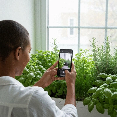 Person taking a photo of their thriving indoor herb garden with a smartphone, natural light