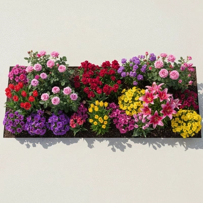 Beautiful flower bed with various types of flowers in full bloom