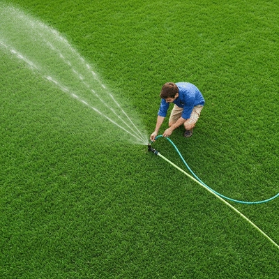 Overhead view of a person adjusting a sprinkler system on a lush green lawn, with clear water droplets visible, representing efficient watering, no text, no words, no typography, 8K, natural lighting