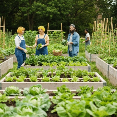 Community garden with multiple raised garden beds, people harvesting vegetables in the background