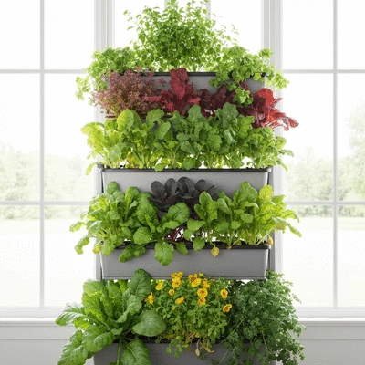 GreenStalk planter with various vegetables and herbs growing in tiers