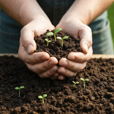 Gardener's hands holding rich, dark organic soil with small green sprouts