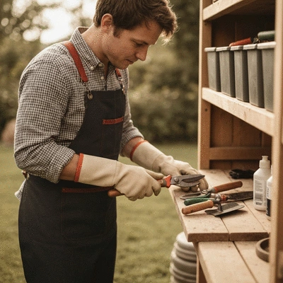Gardener cleaning and sharpening garden tools