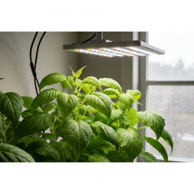 Close-up of a vibrant green plant under an LED grow light, showing healthy leaves and growth