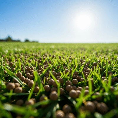Close-up of vibrant green grass with fertilizer pellets scattered on top, sunny day, no text, no words, no typography, clean image