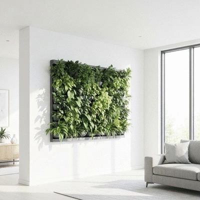 Living plant wall system in a stylish modern interior