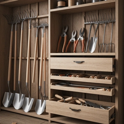 Various gardening tools neatly stored for winter