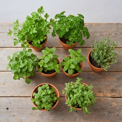 Overhead shot of a variety of fresh herbs in terracotta pots, neatly arranged on a wooden table, suggesting readiness for planting.