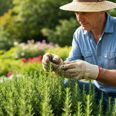 Fertilizer application on rosemary plants