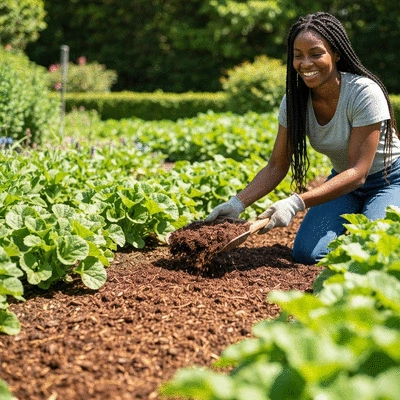 Gardener spreading organic mulch around plants in a garden bed