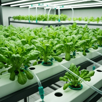 Hydroponic system with lush green plants growing indoors