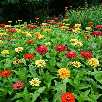 Vibrant zinnia flowers blooming in a garden, attracting butterflies