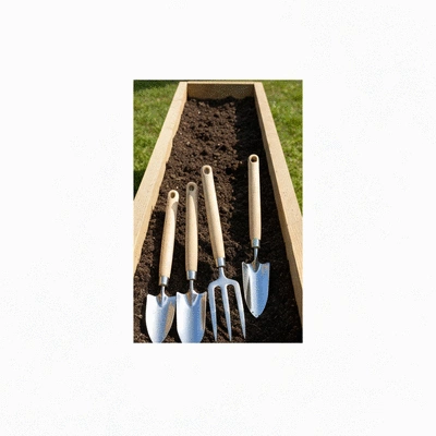 Gardening tools neatly arranged next to a raised garden bed, signifying maintenance and readiness
