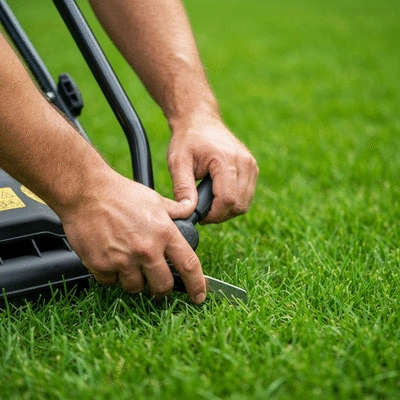 Close-up of a person's hands adjusting the height setting on a modern lawn mower