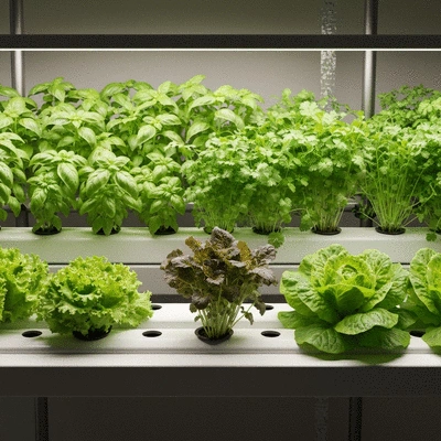 Indoor hydroponic garden with various herbs and vegetables