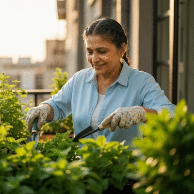 Urban gardener tending to plants with compact tools on a balcony