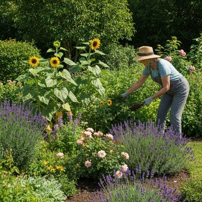 Person tending to a vibrant, low-maintenance garden with various plants and flowers