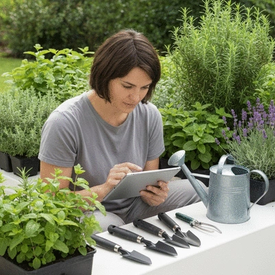 Person using a gardening app on a tablet, surrounded by various herbs and gardening tools, bright and clean setting, no text, no words, no typography, clean image