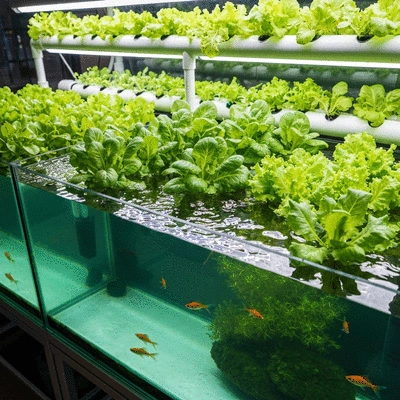 Aquaponics system showing fish tank and plant beds