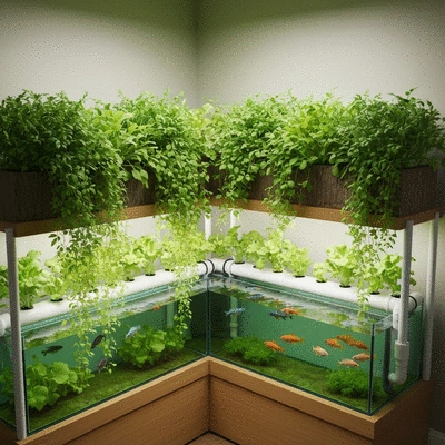 Aquaponics system showcasing fish and plants