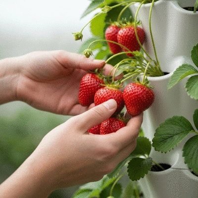 Person's hands gently picking ripe red strawberries from a vertical garden tower, close up, natural light, no text, no words, no typography, clean image