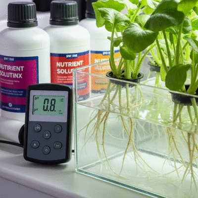 Hydroponic water quality control setup with pH meter and nutrient solution