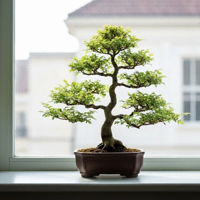 Chinese Elm bonsai tree on a windowsill, receiving bright indirect light, clean image, no text, no words, no typography