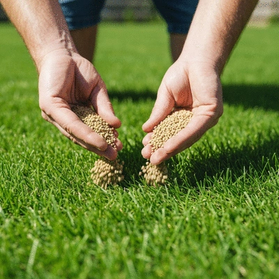 Close-up of hands applying organic fertilizer to a vibrant green lawn