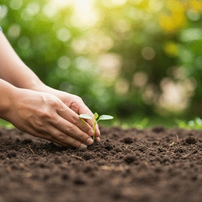 Hands planting a seedling in rich soil