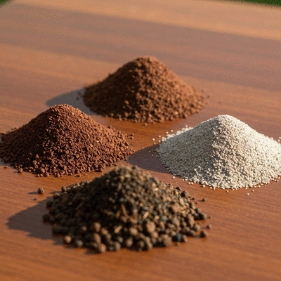 Close-up of different bonsai soil components like Akadama, pumice, and organic matter in separate piles on a wooden surface, no text, no words, no typography, clean image