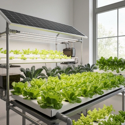 Modern solar-powered hydroponic system with leafy greens growing under LED lights